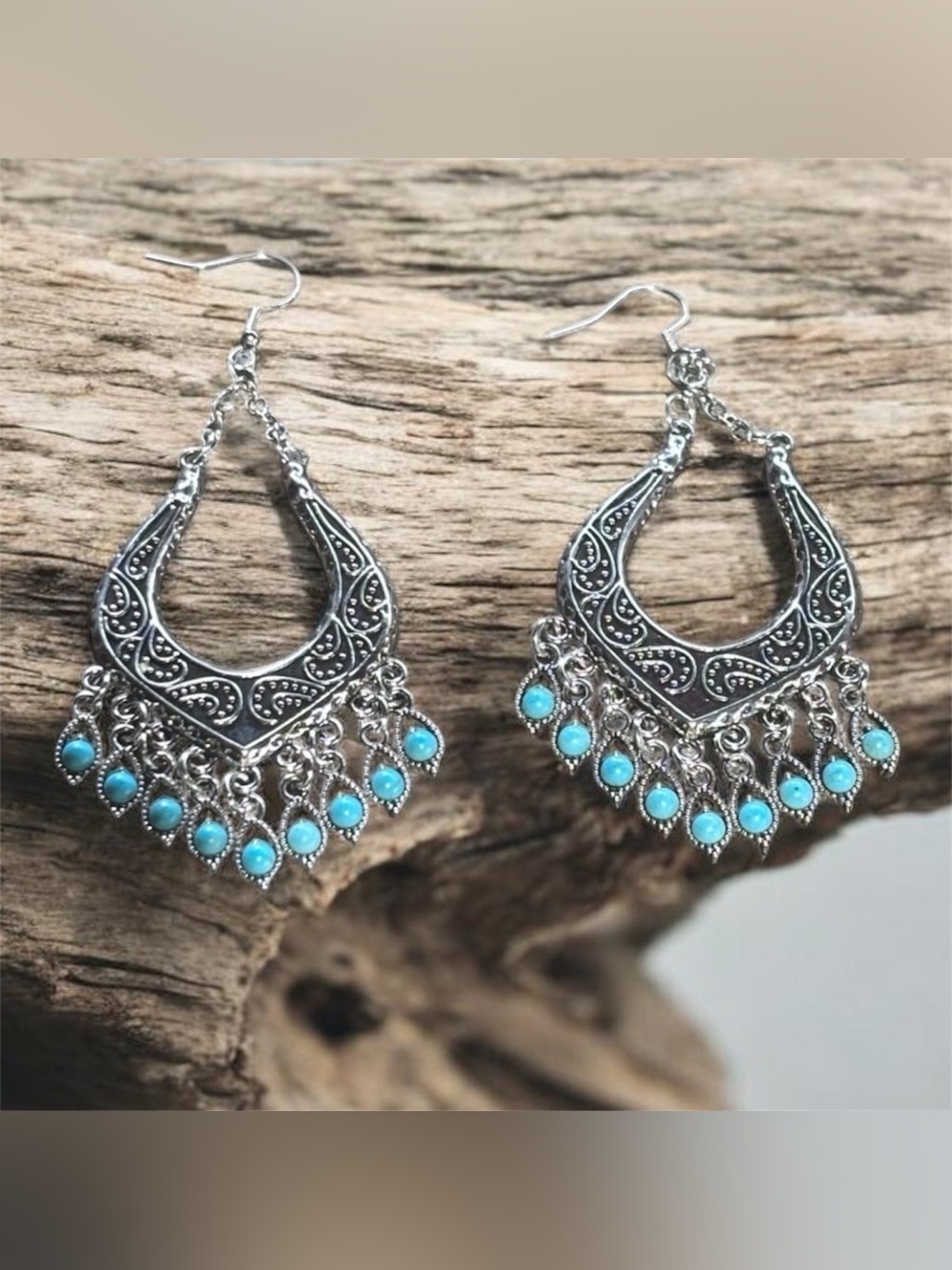 Boho Festival SilverTeardrop Earrings With Turquoise, Teal Tassel Beads - Picture 1 of 4